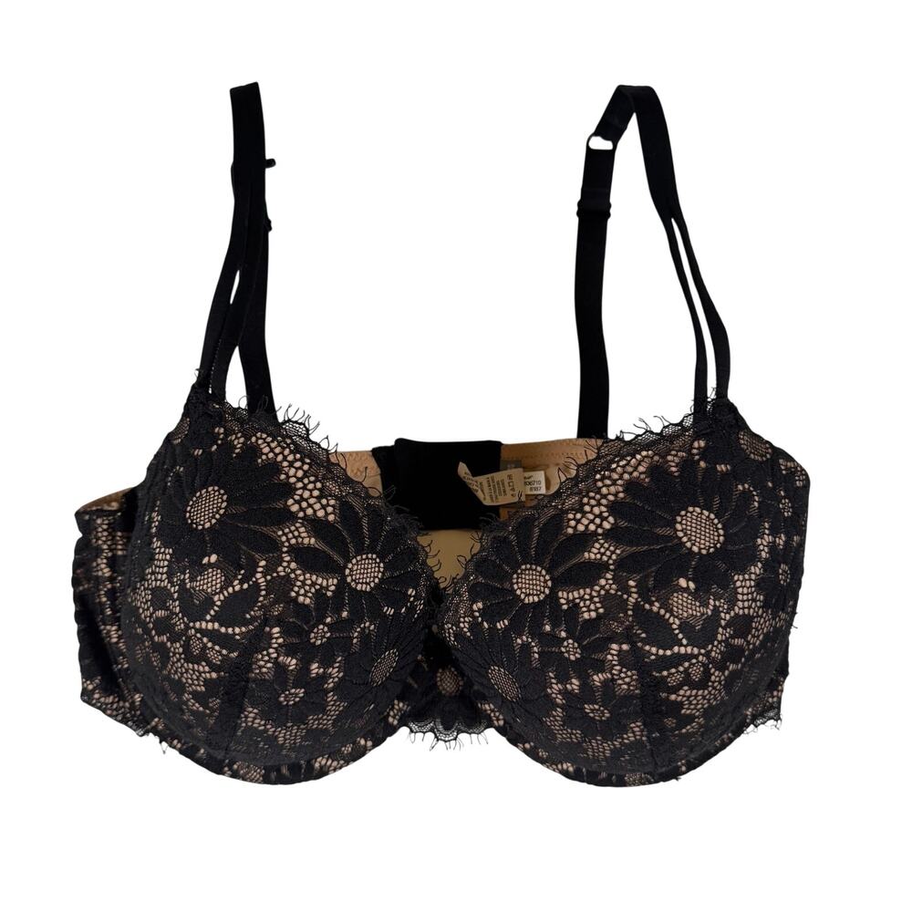 Aerie Women’s 34DD Demi Eyelet Lace Bra Nude Black Underwire Molded Cups Stretch
